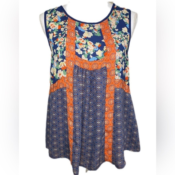 DR2 Tops - Floral Flowy Romantic Patchwork Sleeveless Day to Night Navy Orange Medium